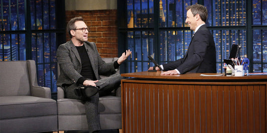 Christian Slater wears a Brooklyn Tailors tweed suit on Late Night with Seth Myers