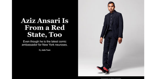 Cover story of Aziz Ansari pictured wearing a Brooklyn Tailors suit and shirt