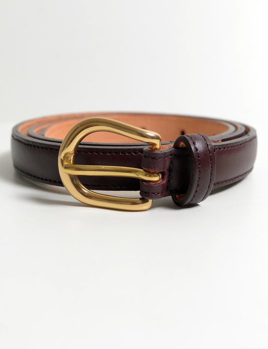 Close-up flat shot of Brooklyn Tailors x Saddler's 20mm Belt in Smooth Leather - Bordo showing the color, texture, stitching, and buckle.