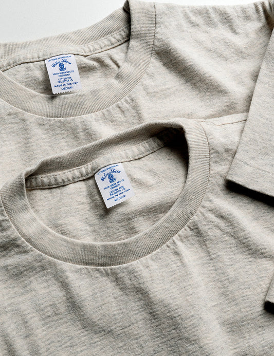 Detail of neck and label of Velva Sheen 2-Pack Short Sleeve Tee in Oatmeal