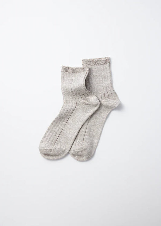 Flat shot of Rototo Cotton Linen Ribbed Ankle Socks - Greige