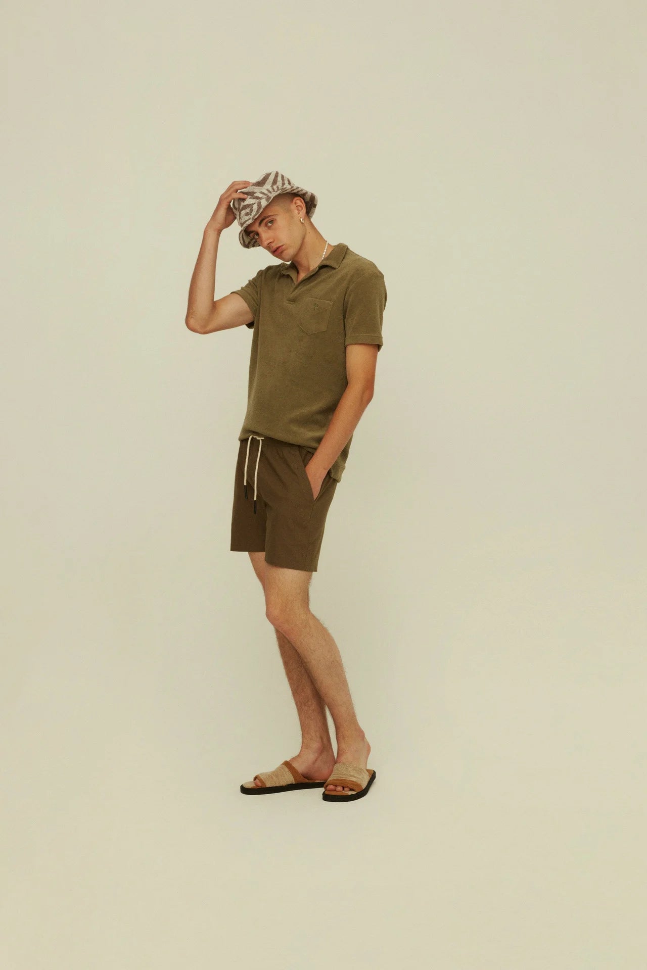 Side on-body photo of OAS Army Linen Shorts