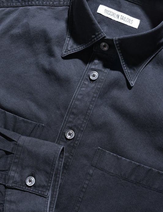 Detail of collar, cuff, and placket of Brooklyn Tailors BKT16 Overshirt in Stonewashed Denim - Black
