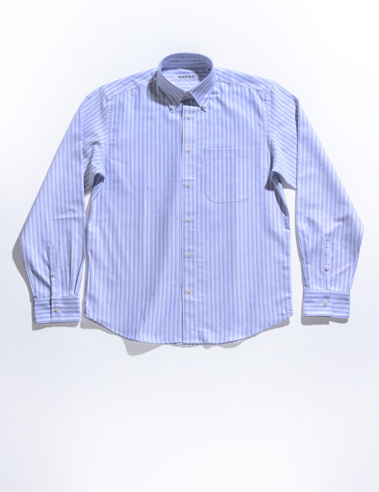 Brooklyn Tailors BKT14 Relaxed Shirt in Double-Stripe Cotton Oxford - Blue & White full length flat shot