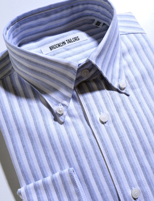 collar detail shot of Brooklyn Tailors BKT14 Relaxed Shirt in Double-Stripe Cotton Oxford - Blue & White