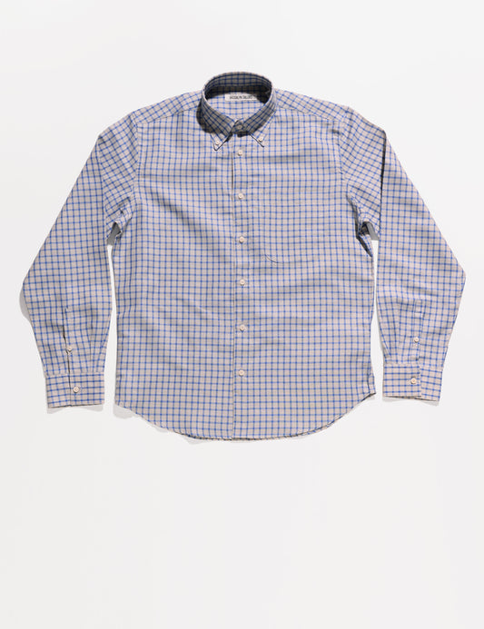 Full lnegth flat shot of BKT14 Relaxed Casual Shirt in Linen Cotton Blend - Cobalt Check