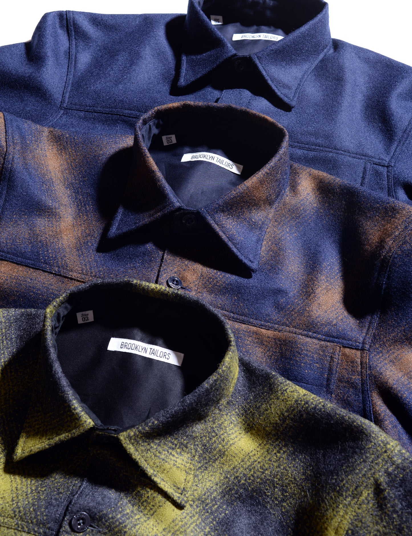 Photo showing three colors of Brooklyn Tailors boiled wool shirt jackets