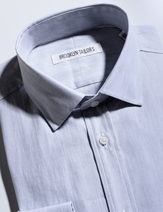 Detail shot showing fabric texture, collar, and buttons on Brooklyn Tailors BKT20 Slim Dress Shirt in Cotton Basketweave - Fog