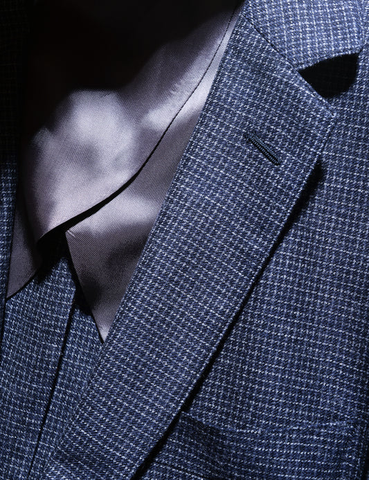 Detail shot of lapel, half-lining, and fabric pattern on Brooklyn Tailors BKT35 Unstructured Jacket in Brushed Wool Microgrid - Navy