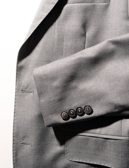 Detail shot of sleeve, buttons, buttonholes, and lapel of Brooklyn Tailors 2020 Version BKT50 Tailored Jacket in Super 110s Twill - Dove Gray