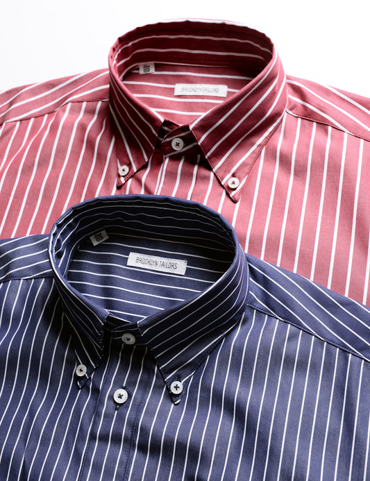 Detail of collar of two colors of Brooklyn Tailors BKT14 Relaxed Shirts in Big Stripe 