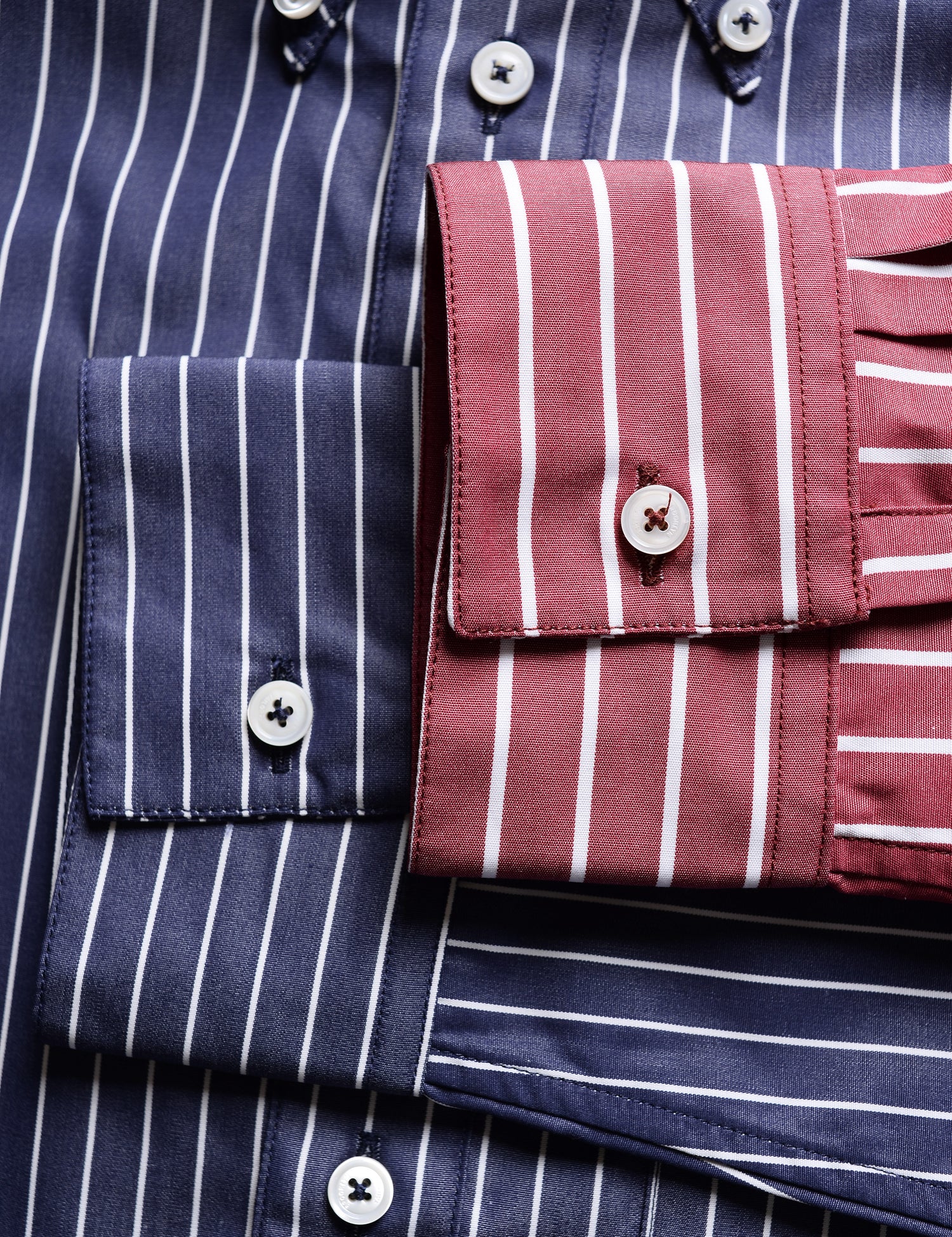 Detail of cuffs on two colors of Brooklyn Tailors BKT14 Relaxed Shirts in Big Stripe