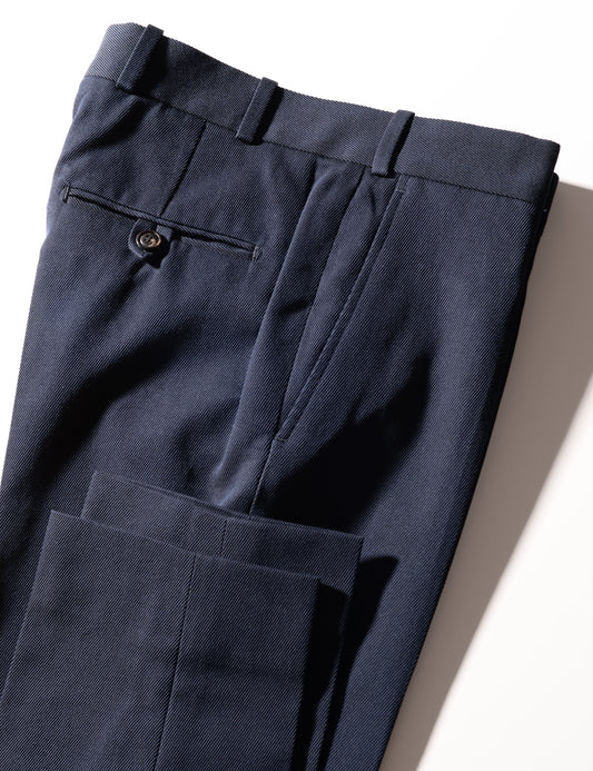Detail shot of Brooklyn Tailors BKT50 Tailored Trousers in Cavalry Twill - Navy showing hem, side pocket, and back pocket