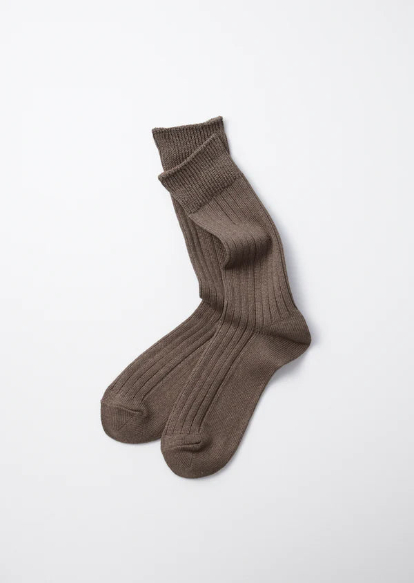 Flat shot of Rototo Cotton Linen Ribbed Crew Socks - Charcoal