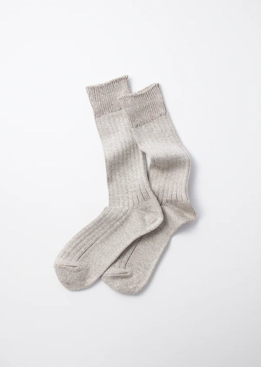 Flat shot of Rototo Cotton Linen Ribbed Crew Socks - Greige