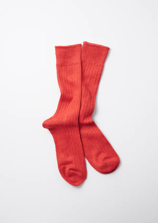 Flat shot of Rototo Cotton Linen Ribbed Crew Socks - Tomato