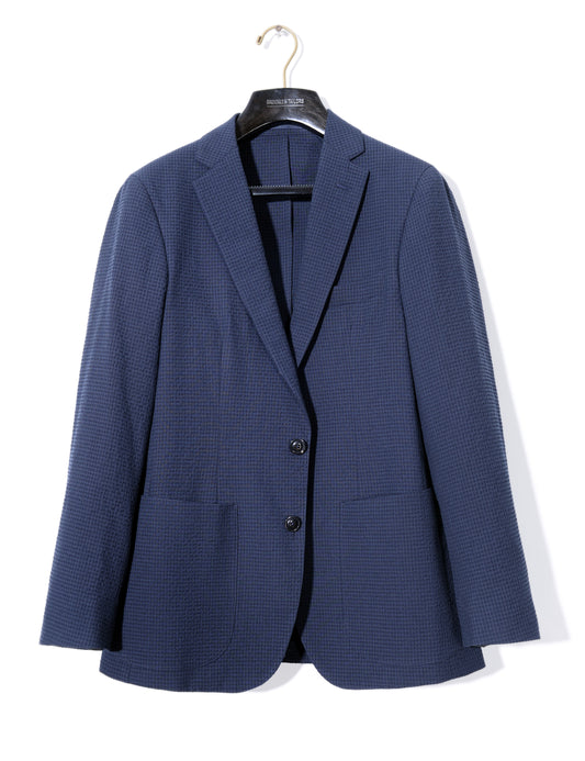 Brooklyn Tailors BKT35 Unstructured Jacket in Crinkled Wool & Cotton - Naval Blue full length shot on hanger