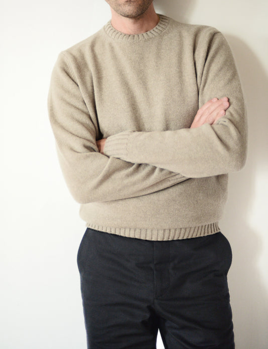 Wool Cashmere Ribbed Cuff Crewneck - Oat on model