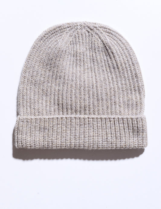 Flat shot of Cableami Cashmere Narrow Rib Beanie - Taupe