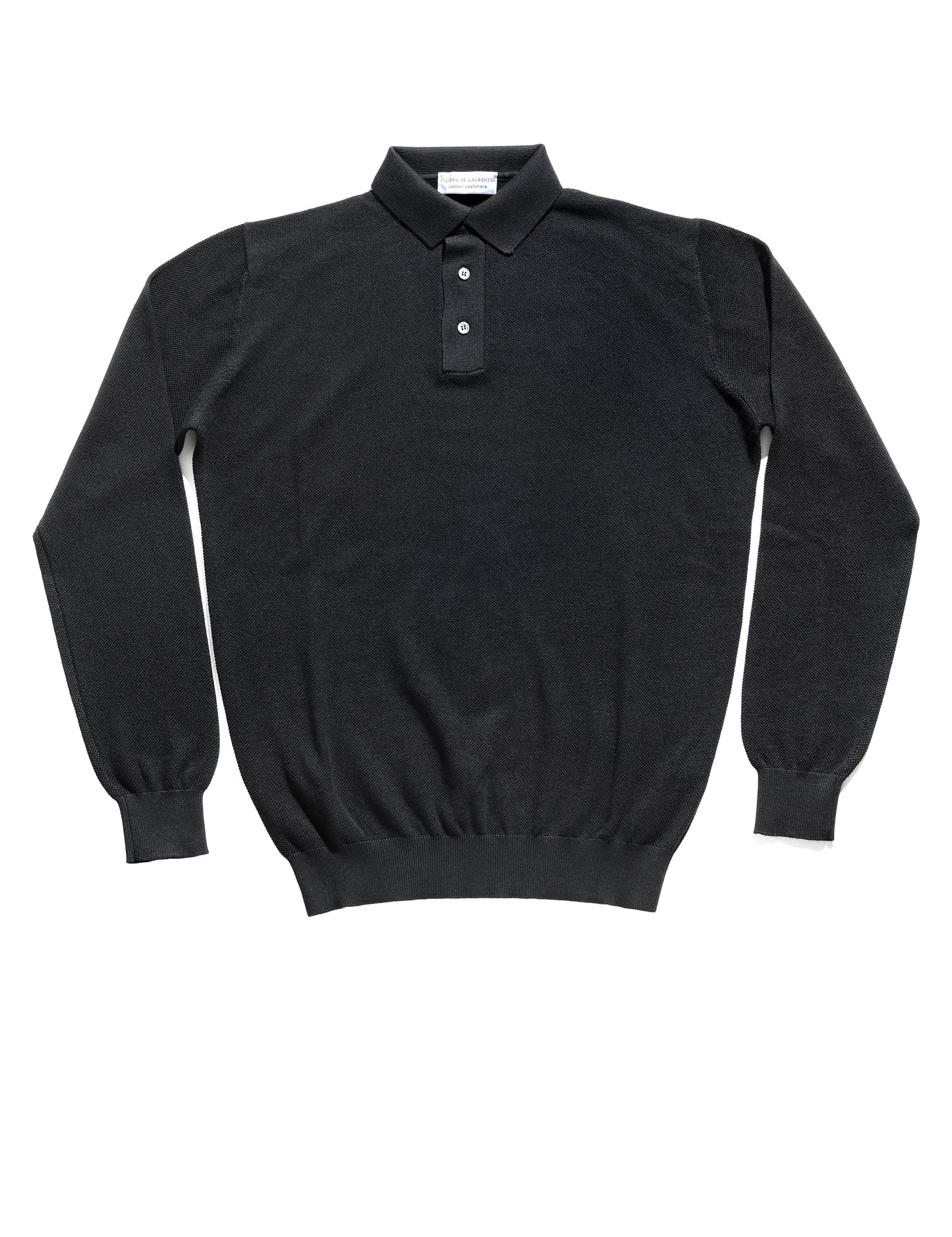 Long Sleeved Polo in Cotton Cashmere Waffle - Black