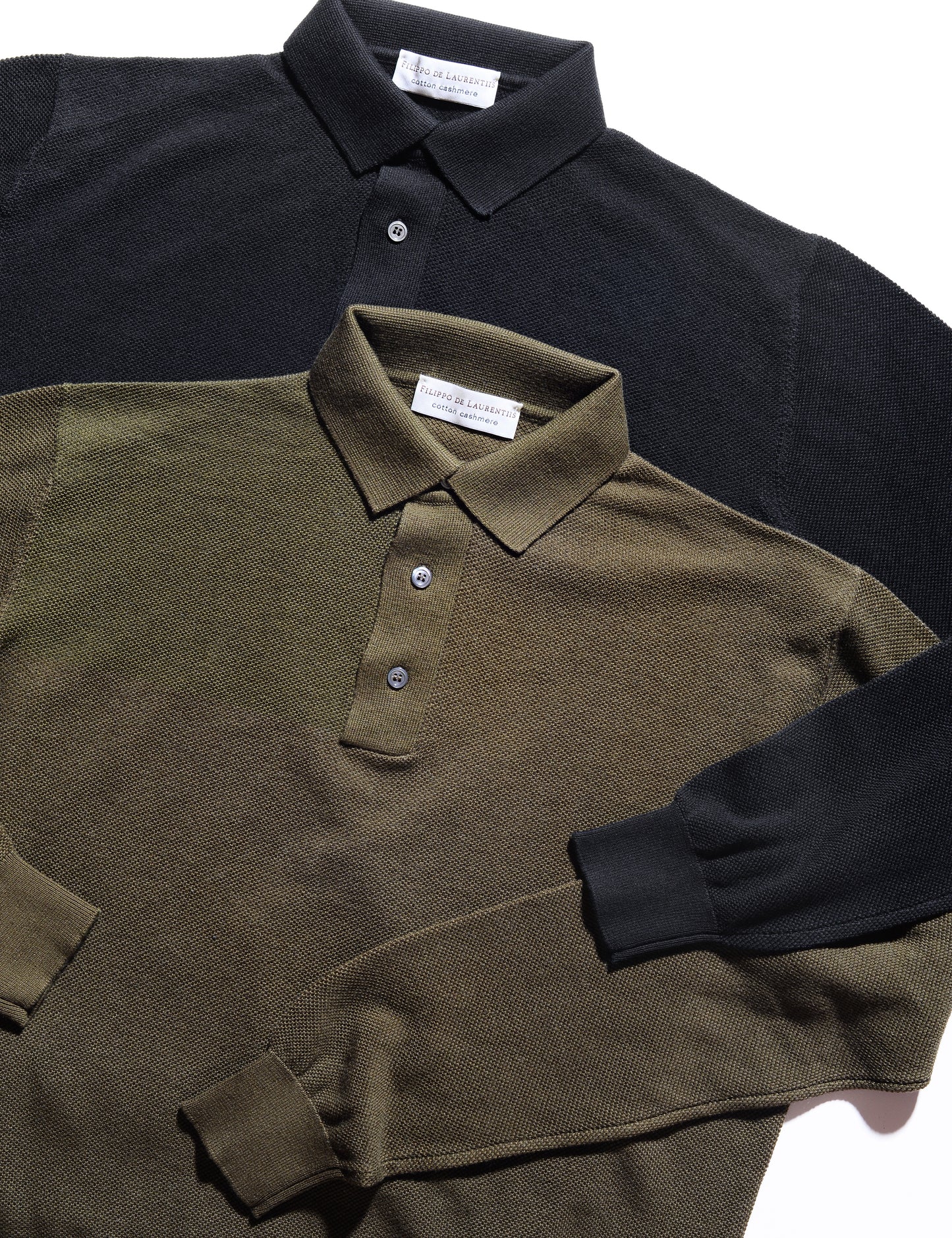 Long Sleeved Polo in Cotton Cashmere Waffle - Black