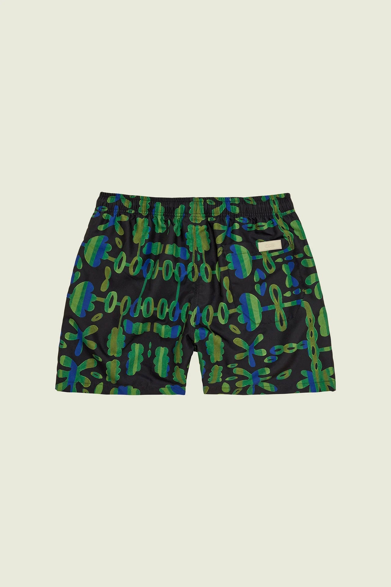 Flat shot of back side of OAS Feral Galbanum Swim Shorts