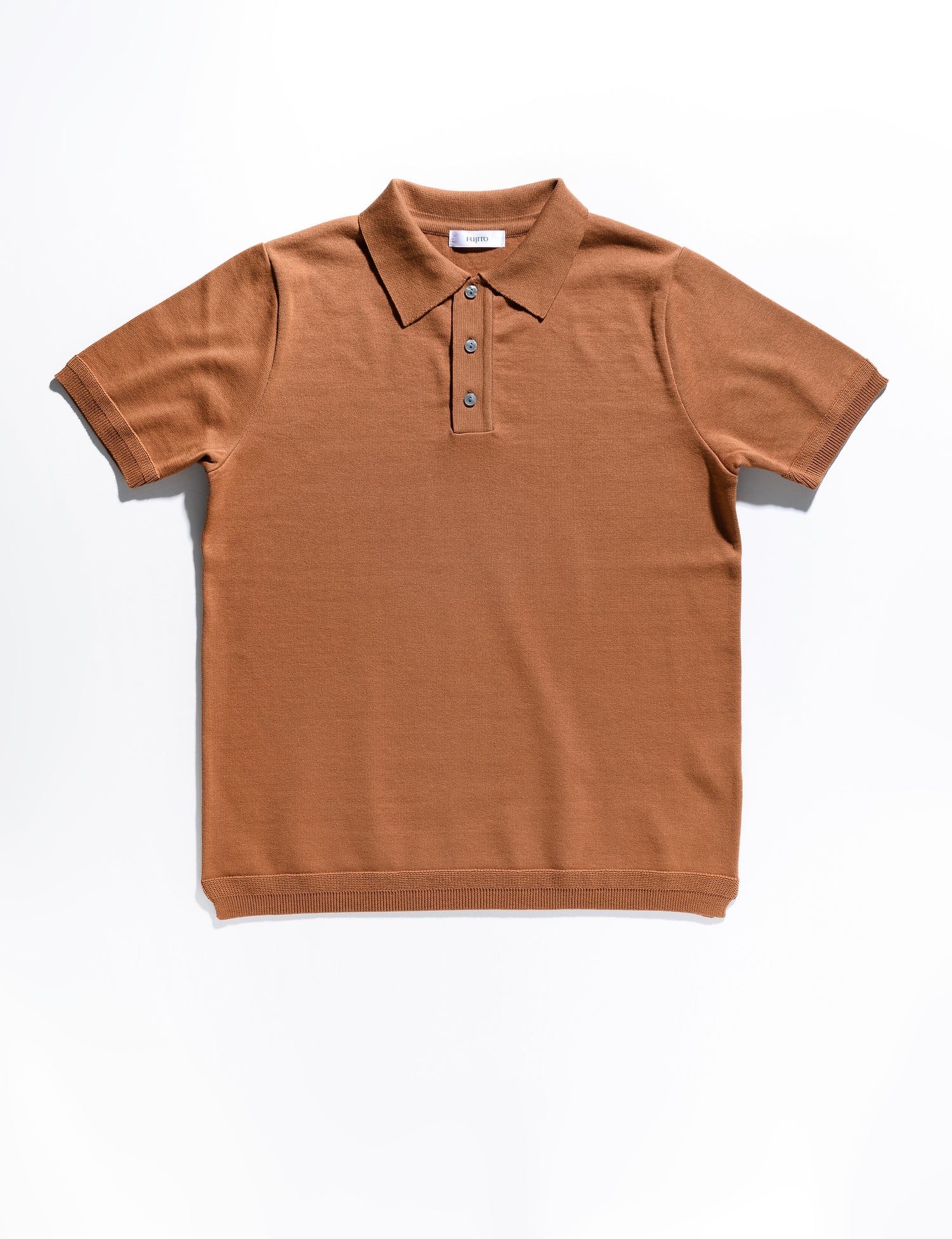 Flat shot of Fujito Knit Polo in Golden Brown
