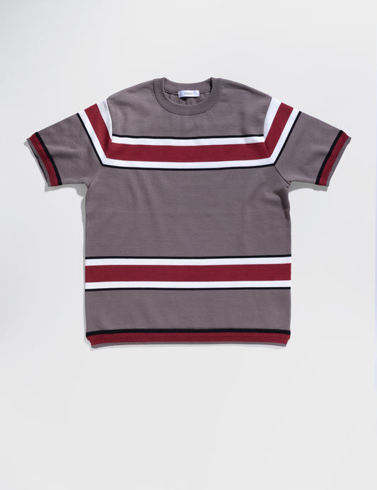 Flat shot of Fujito Knit Shirt in Gray with Wine Stripe