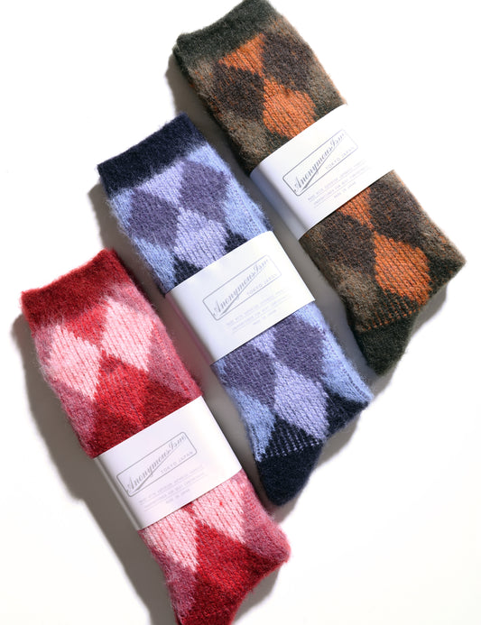 Photo of three colors of Napping Diamond Jacquard Crew Socks 