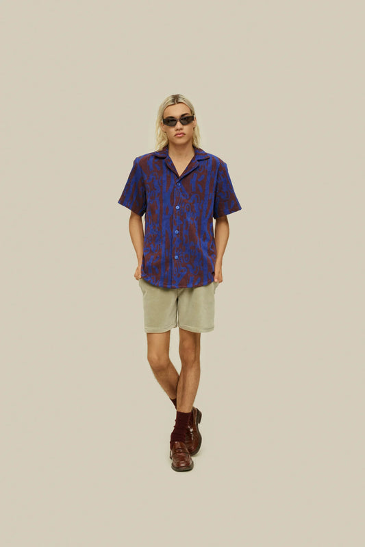 OAS Thenards Jiggle Cuba Terry Shirt on model. Model wears shirt with khaki shorts