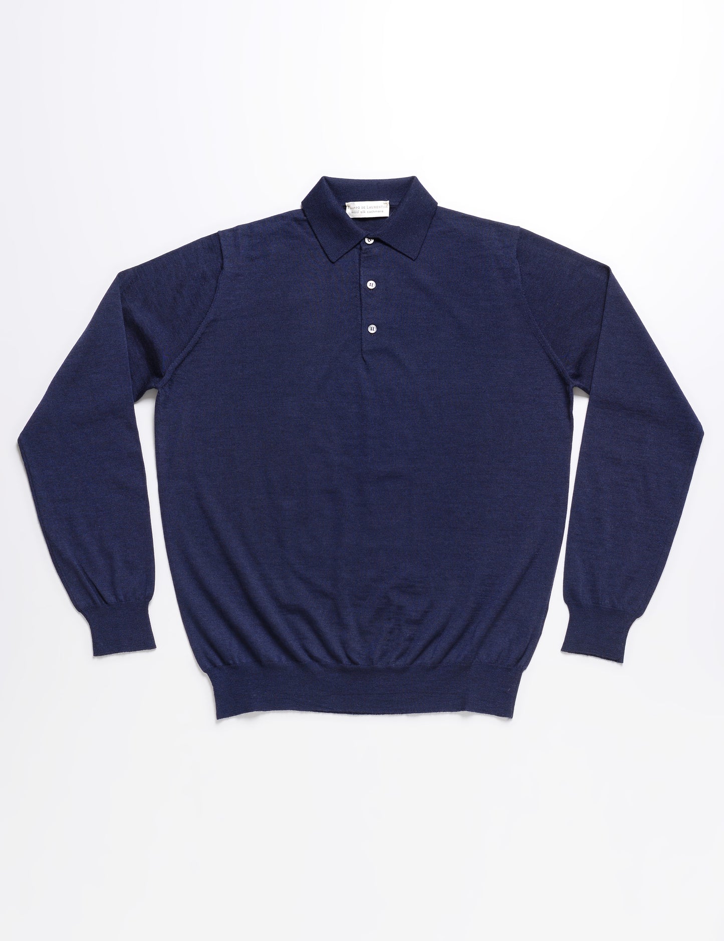 Full length flat shot of Filippo de Laurentiis Long Sleeved Polo in Wool, Silk, and Cashmere Blend - Navy