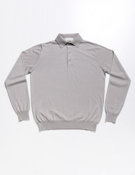 Full length flat shot of Filippo de Laurentiis Long Sleeved Polo in Wool, Silk, and Cashmere Blend - Warm Gray