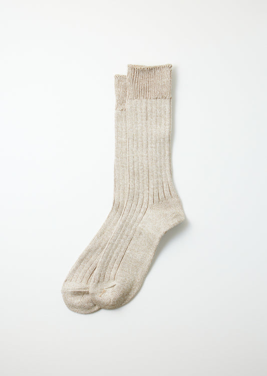 Linen Cotton Ribbed Crew Socks - Greige