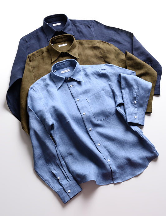 Full length shot of three colors of Brooklyn Tailors Relaxed Casual Shirt in Linen Twill - Stonewash