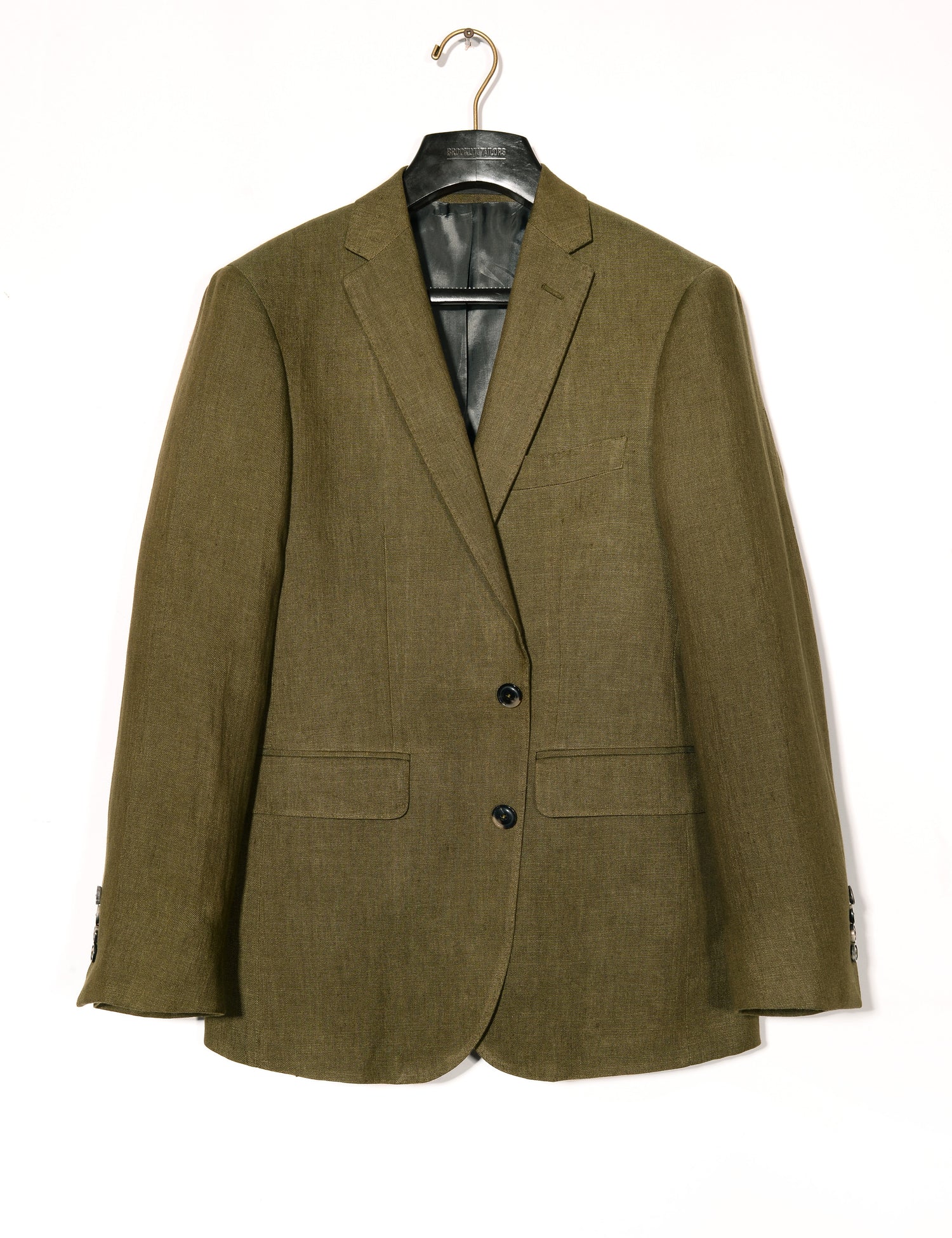 Brooklyn Tailors BKT50 Tailored Jacket in Linen Twill - Moss full length shot on hanger