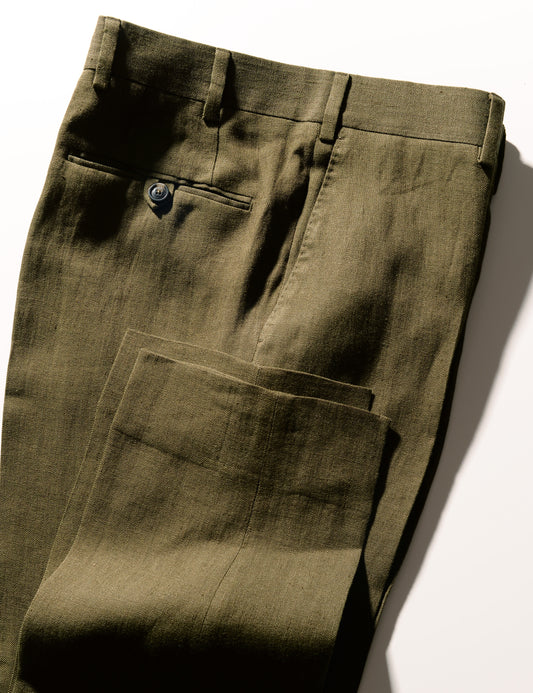 Detail shot of Brooklyn Tailors BKT50 Tailored Trousers in Linen Twill - Moss showing hem, back and side pockets