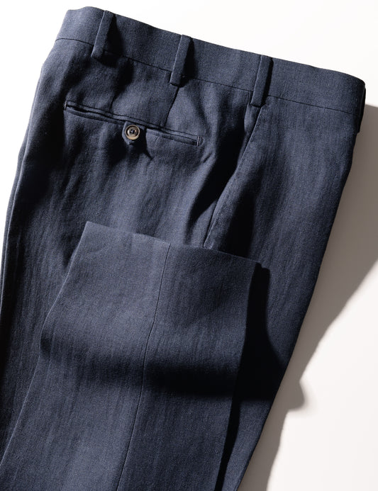 Detail shot of Brooklyn Tailors BKT50 Tailored Trousers in Linen Twill - Salerno Blue showing hem, back pocket and side pocket