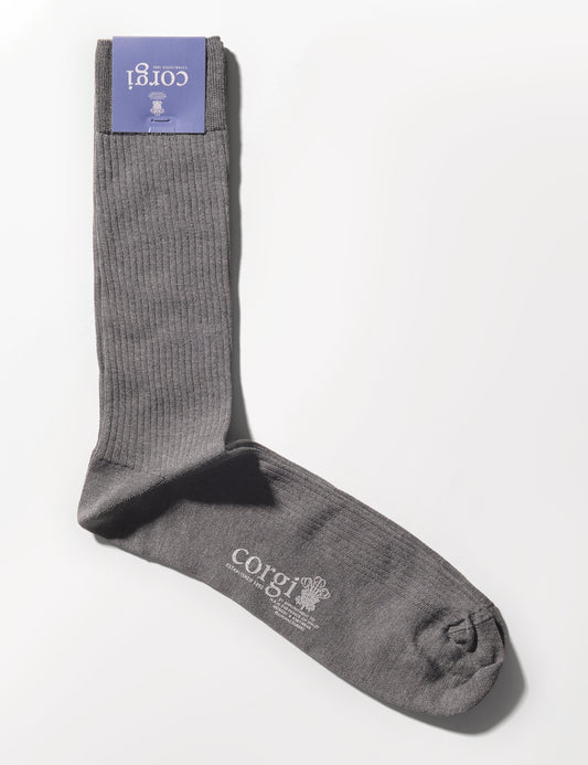 Flat shot of Corgi Ribbed Dress Socks in Mercerized Cotton - Charcoal