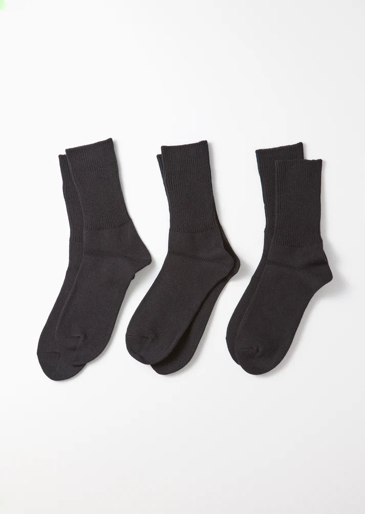 Organic Daily 3-Pack Ribbed Crew Socks - Black