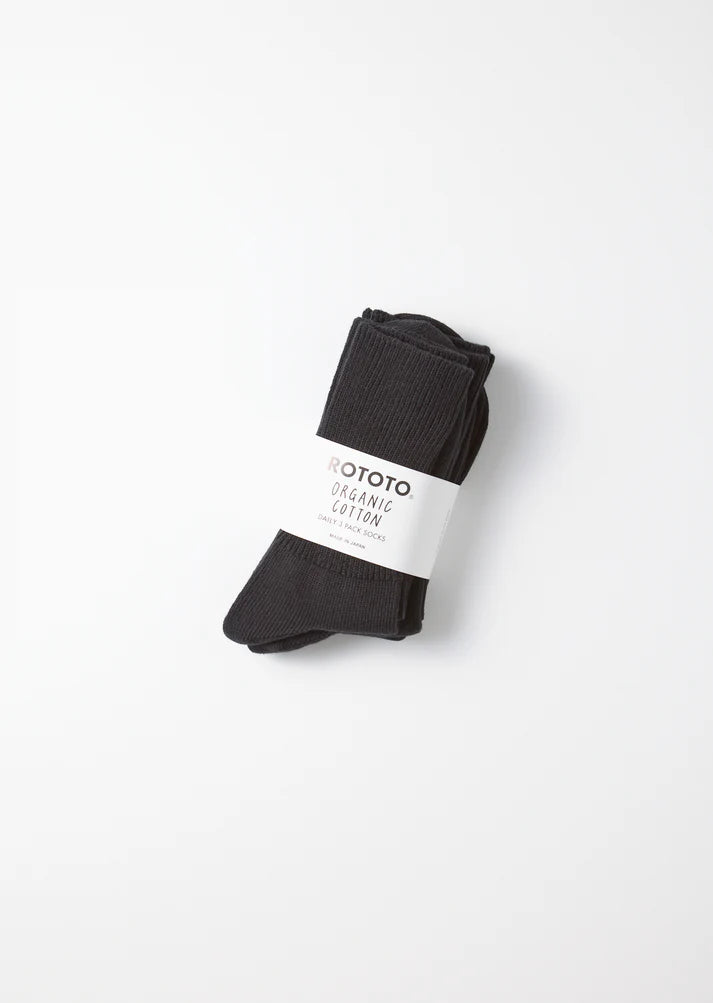 Organic Daily 3-Pack Ribbed Crew Socks - Black