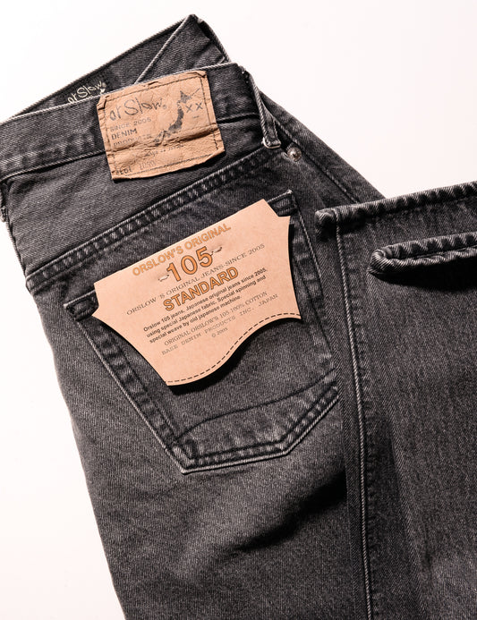 Detail of Orslow 105 Standard Fit '90s Stonewash Jeans - Black showing back pocket and labeling