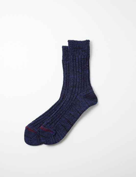 Flat shot of Rototo Recycled Cotton Ribbed Crew Socks - Black/Blue