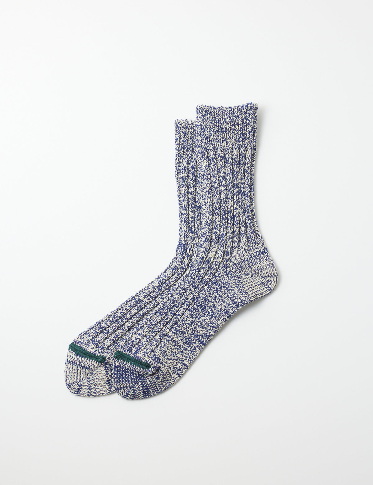 Flat shot of Rototo Recycled Cotton Ribbed Crew Socks - Blue/Ivory