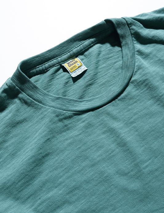 Detail shot of Velva Sheen Crewneck T-Shirt in Foggy Green showing collar and label