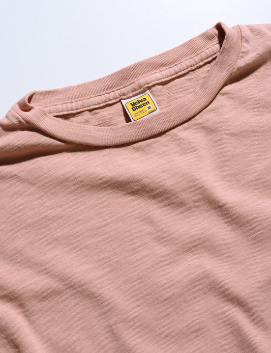 Detail shot of Velva Sheen Crewneck T-Shirt in Clay showing crew neck and label