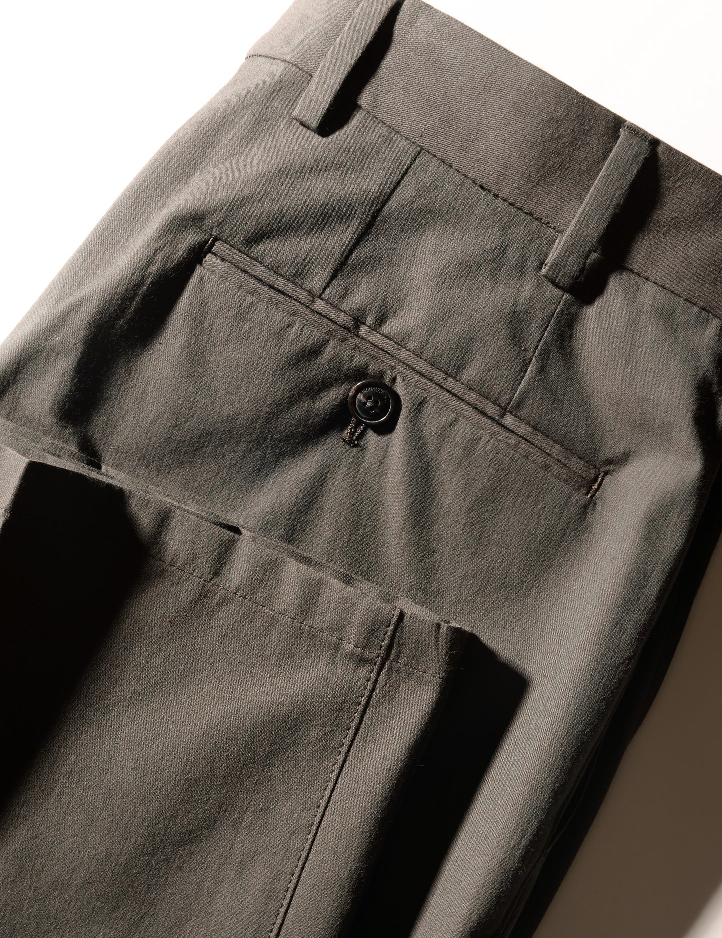 Detail shot of folded Brooklyn Tailors BKT36 Straight Leg Pant in Crisp Cotton Blend - Petrol showing back pocket, waistband, and hem