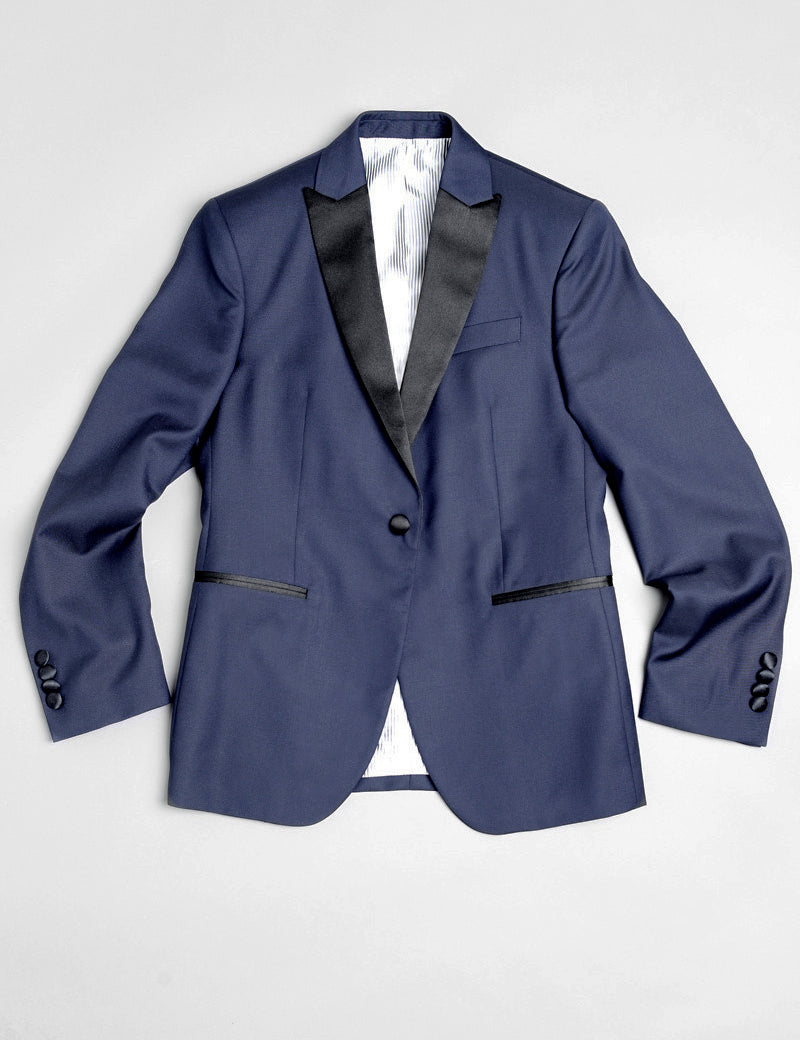 Brooklyn Tailors BKT50 Peak Lapel Tuxedo Jacket in Super 110s - Navy with Satin Lapel full length flat shot