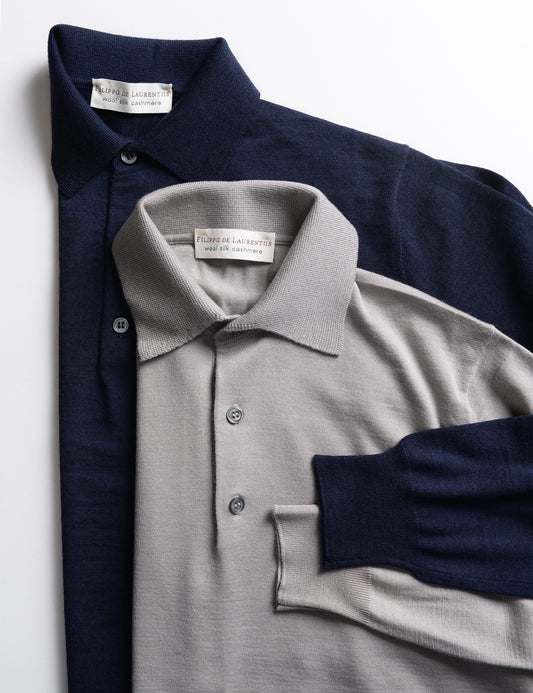Detail of two colors of Long Sleeved Polo in Wool, Silk, and Cashmere Blend