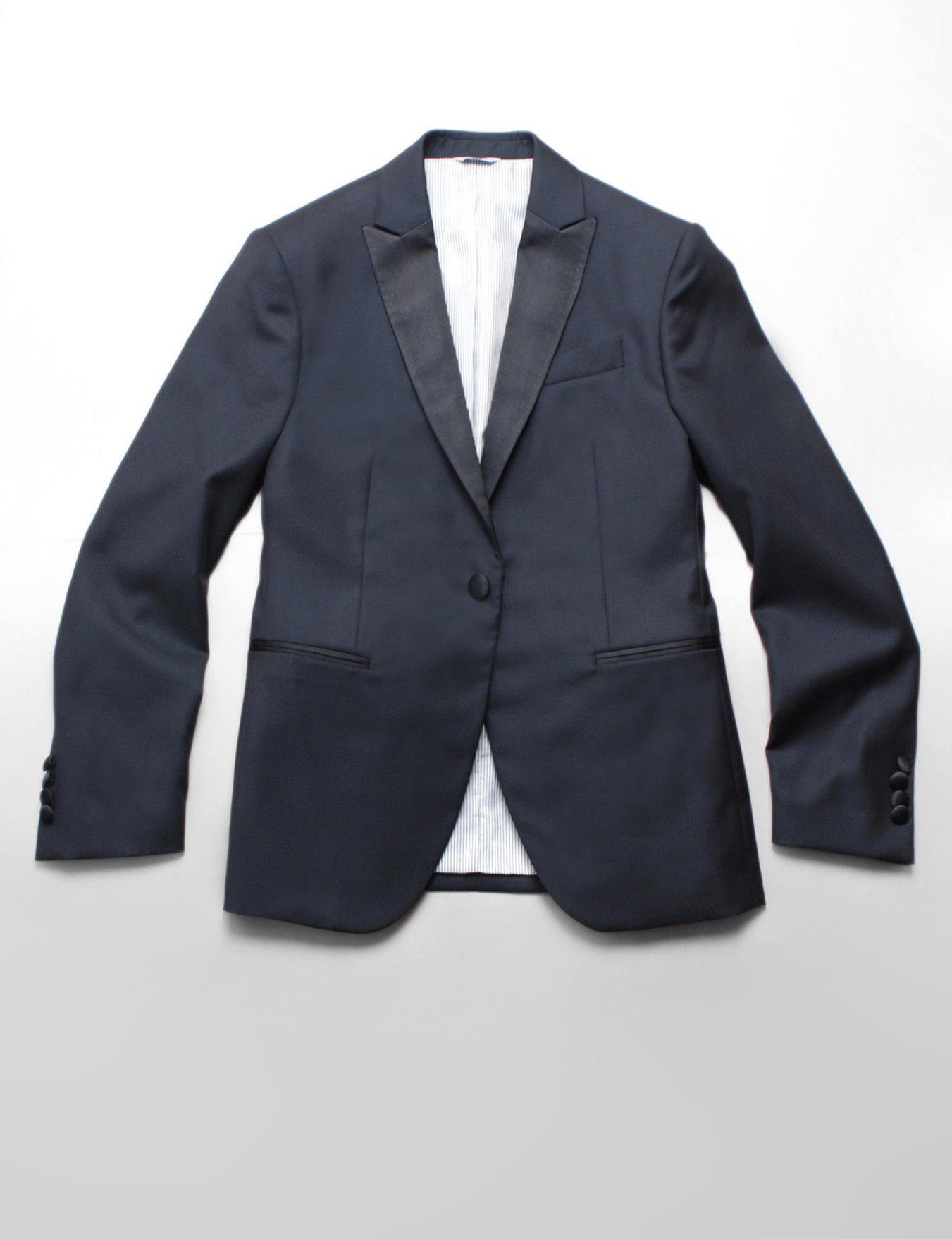 Brooklyn Tailors BKT50 Peak Lapel Tuxedo Jacket in Super 110s - Black with Satin Lapel full length flat shot