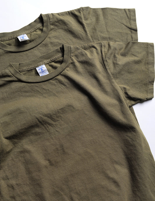 Detail of neck, sleeve, and labeling of Velva Sheen 2-Pack Short Sleeve Tee in Olive